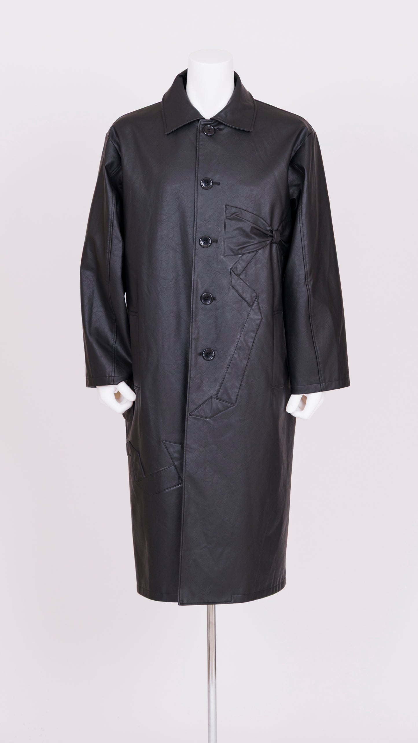 Ribbon Detail Faux Leather Car Coat