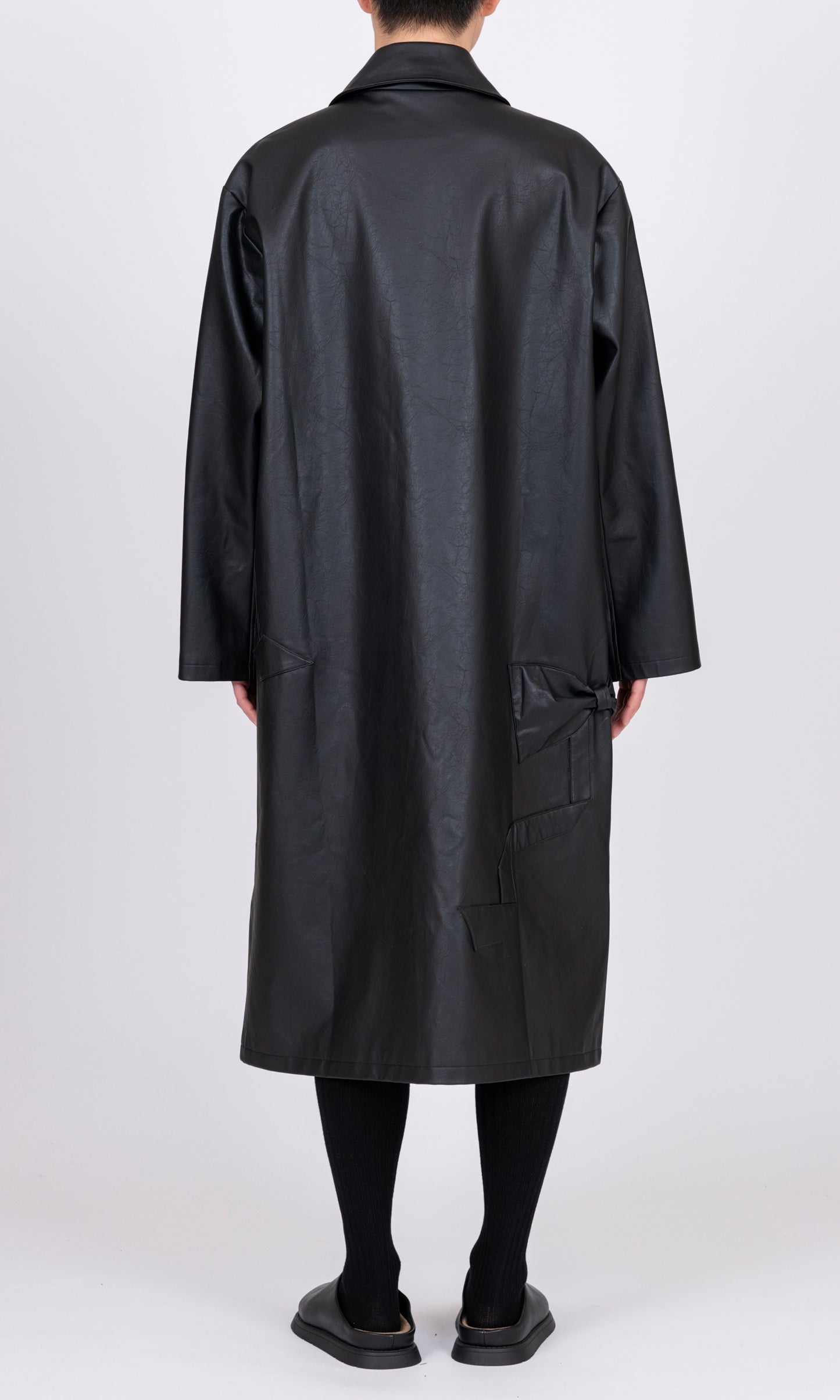 Ribbon Detail Faux Leather Car Coat