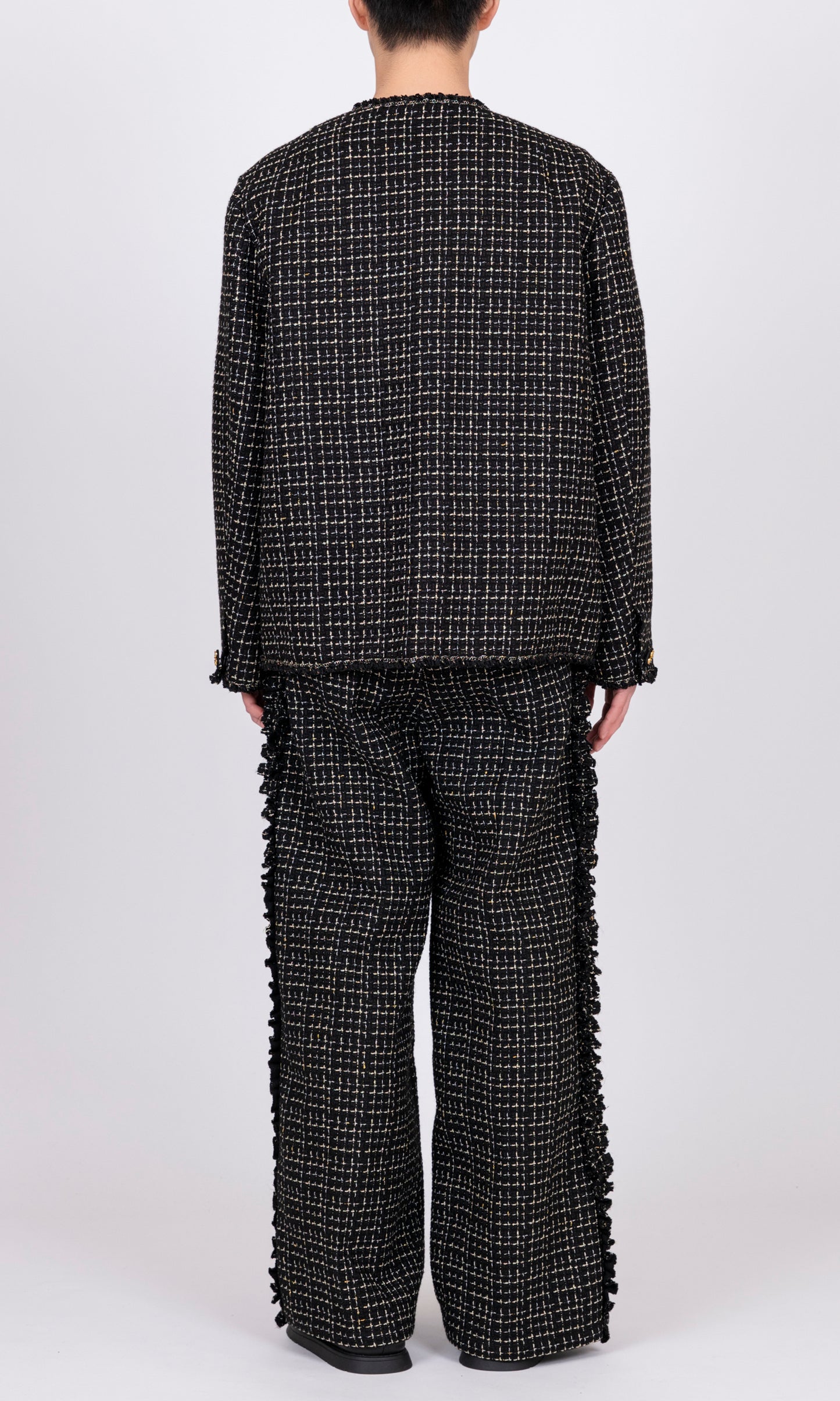 Ruffle Tweed Collarless Jacket