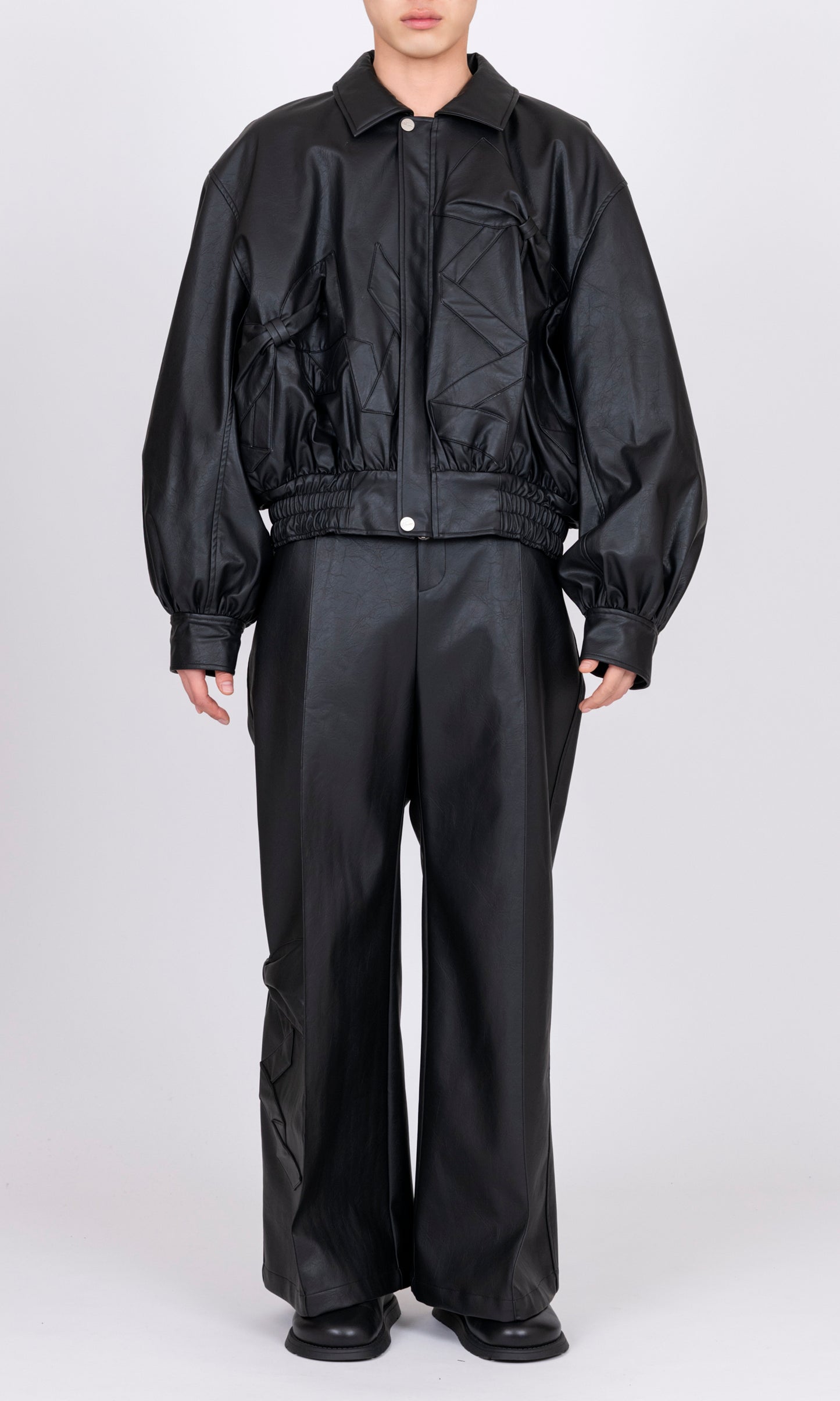 Ribbon Detail Faux Leather Bomber Jacket
