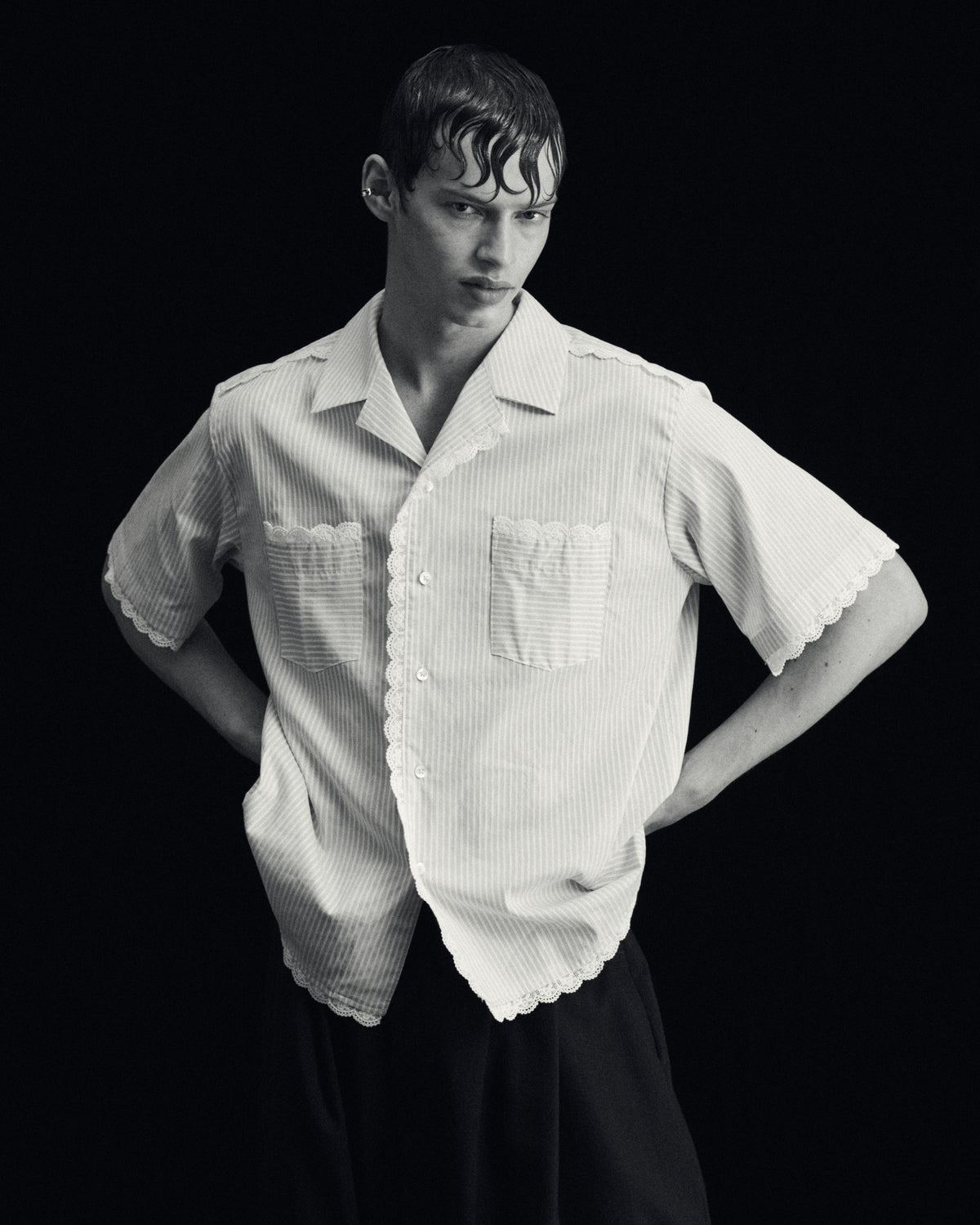 Lace Trimmed Open Collar S/S Shirt