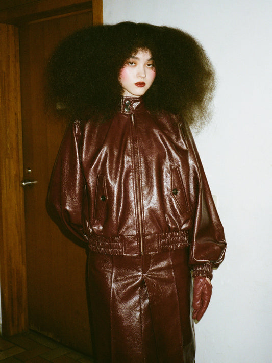 Faux Leather  Plis Bomber Jacket