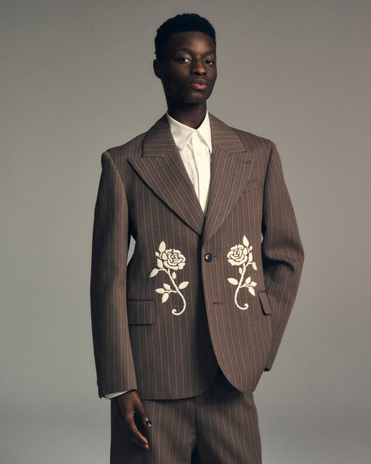 Hand-Embroidered Striped Blazer