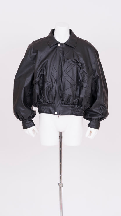 Ribbon Detail Faux Leather Bomber Jacket