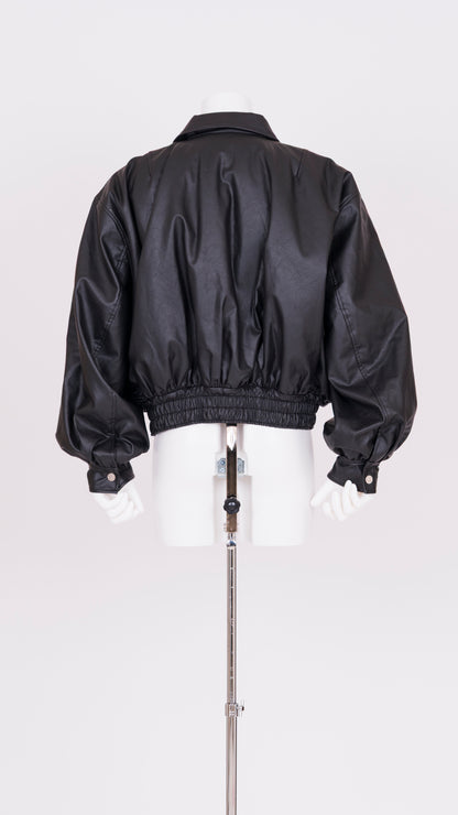 Ribbon Detail Faux Leather Bomber Jacket