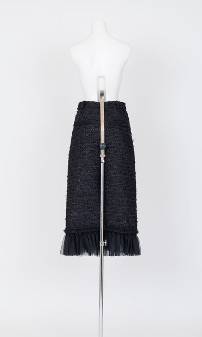 Tulle Layered Tweed Midi Skirt