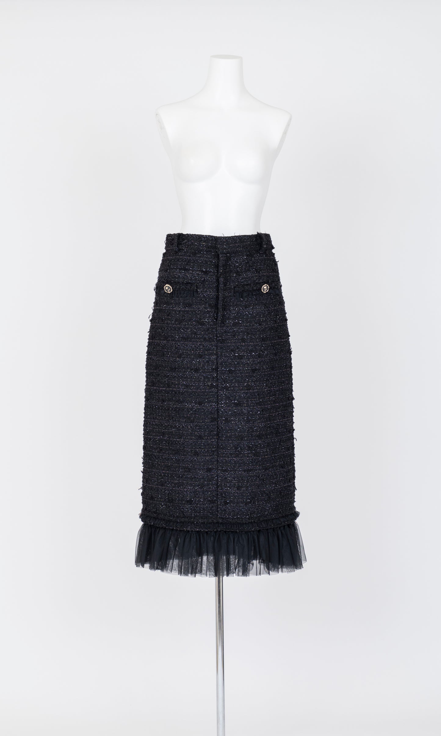 Tulle Layered Tweed Midi Skirt