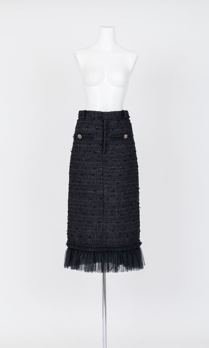Tulle Layered Tweed Midi Skirt