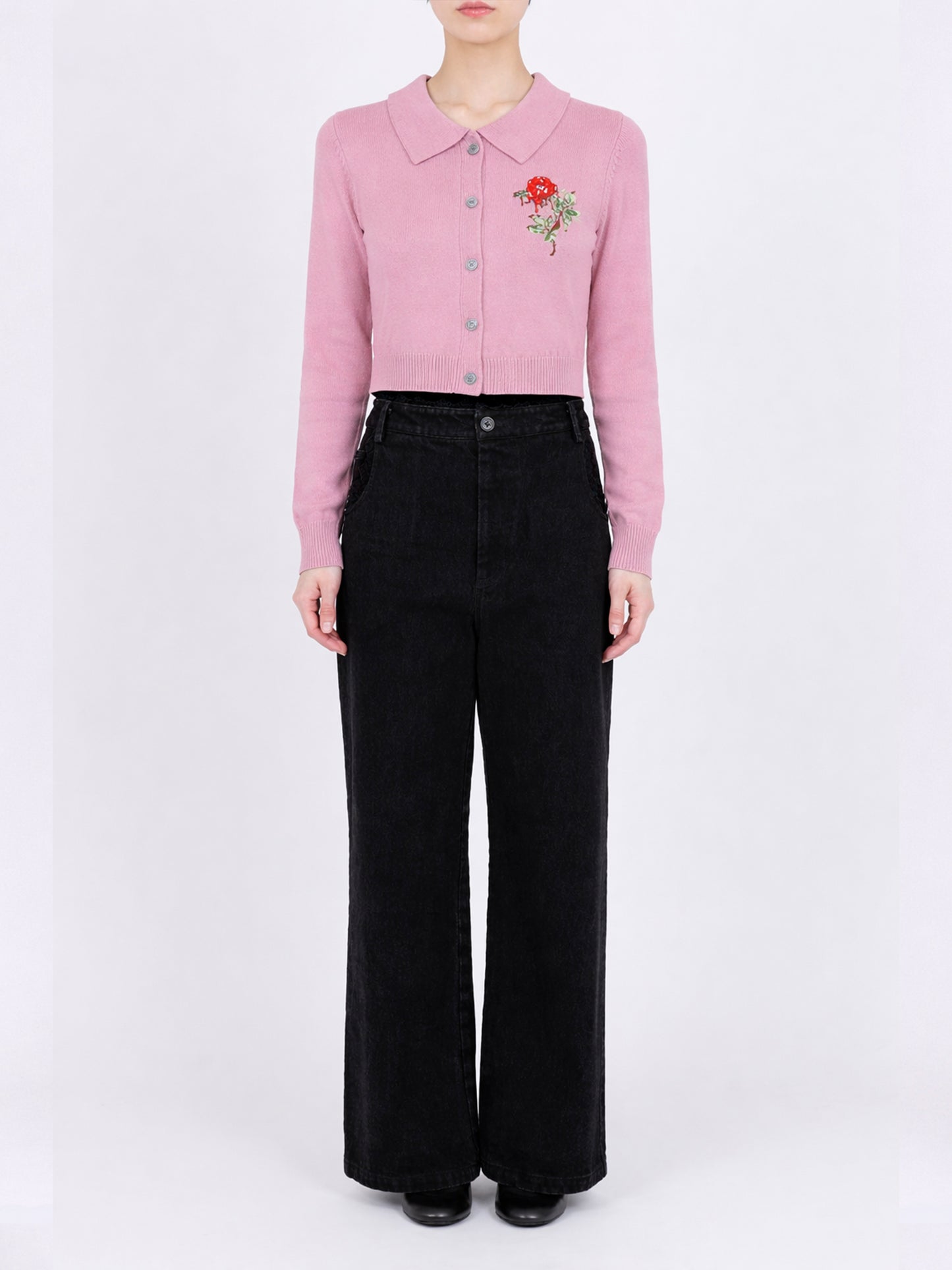 Rose Hand Broderie  Polo Cardigan