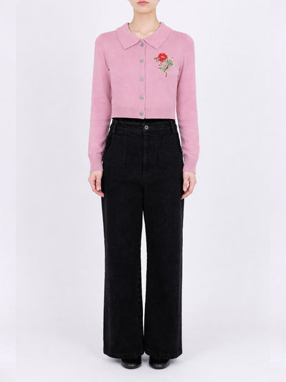 Rose Hand Broderie  Polo Cardigan