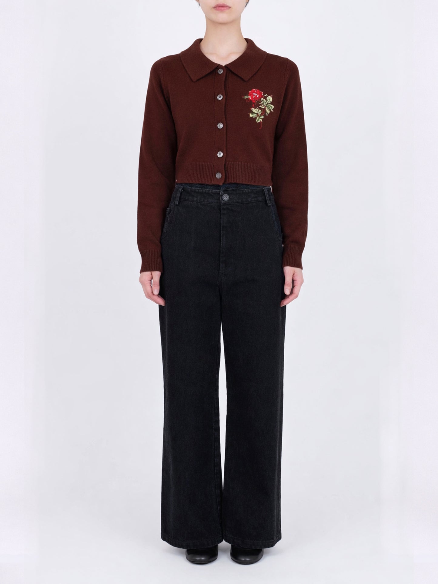 Rose Hand Broderie  Polo Cardigan