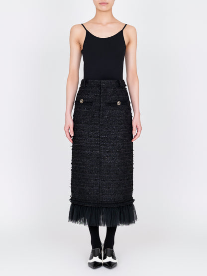 Tulle Layered Tweed Midi Skirt