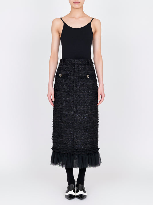 Tulle Layered Tweed Midi Skirt