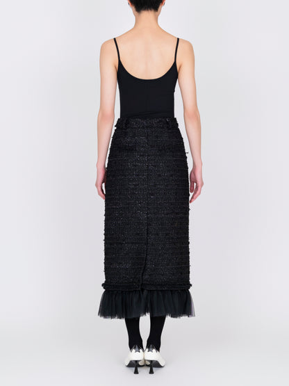 Tulle Layered Tweed Midi Skirt