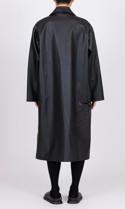 Ribbon Detail Faux Leather Car Coat