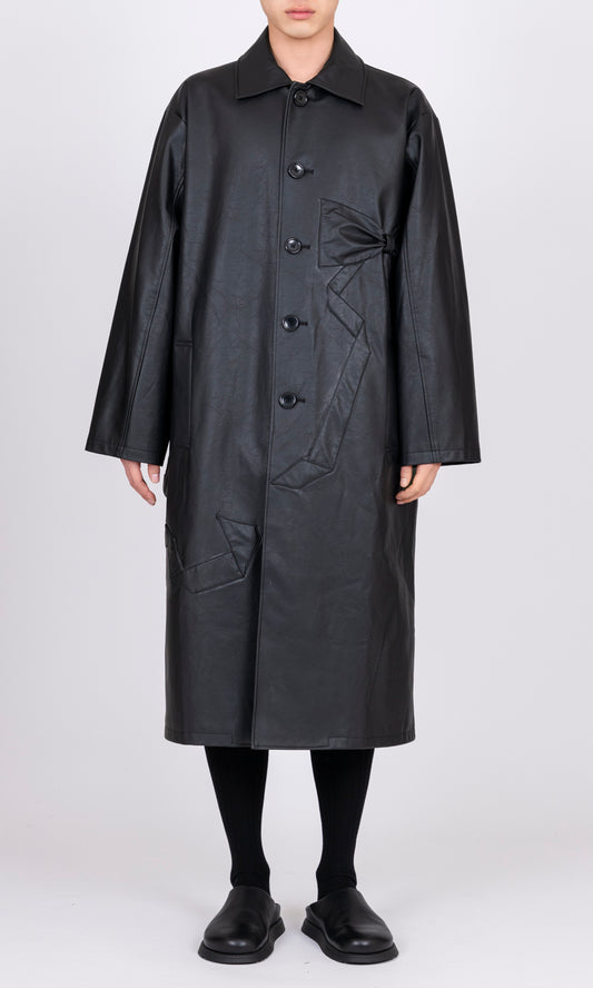 Ribbon Detail Faux Leather Car Coat