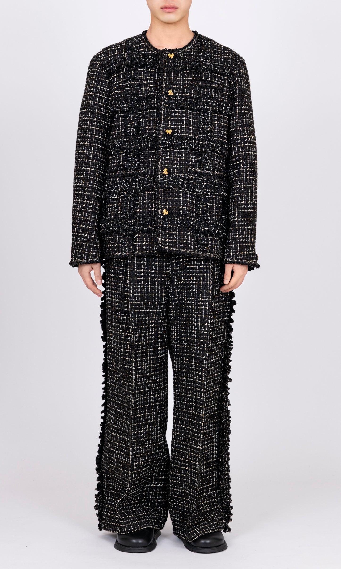 Ruffle Tweed Collarless Jacket
