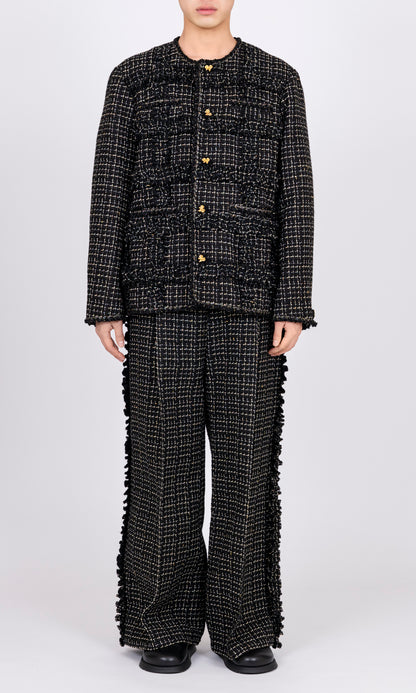 Ruffle Tweed Collarless Jacket