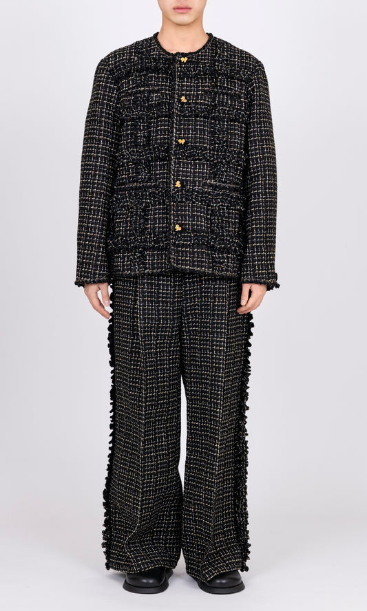 Ruffle Tweed Collarless Jacket