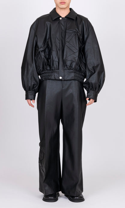 Ribbon Detail Faux Leather Bomber Jacket