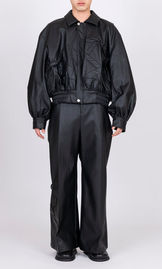 Ribbon Detail Faux Leather Bomber Jacket