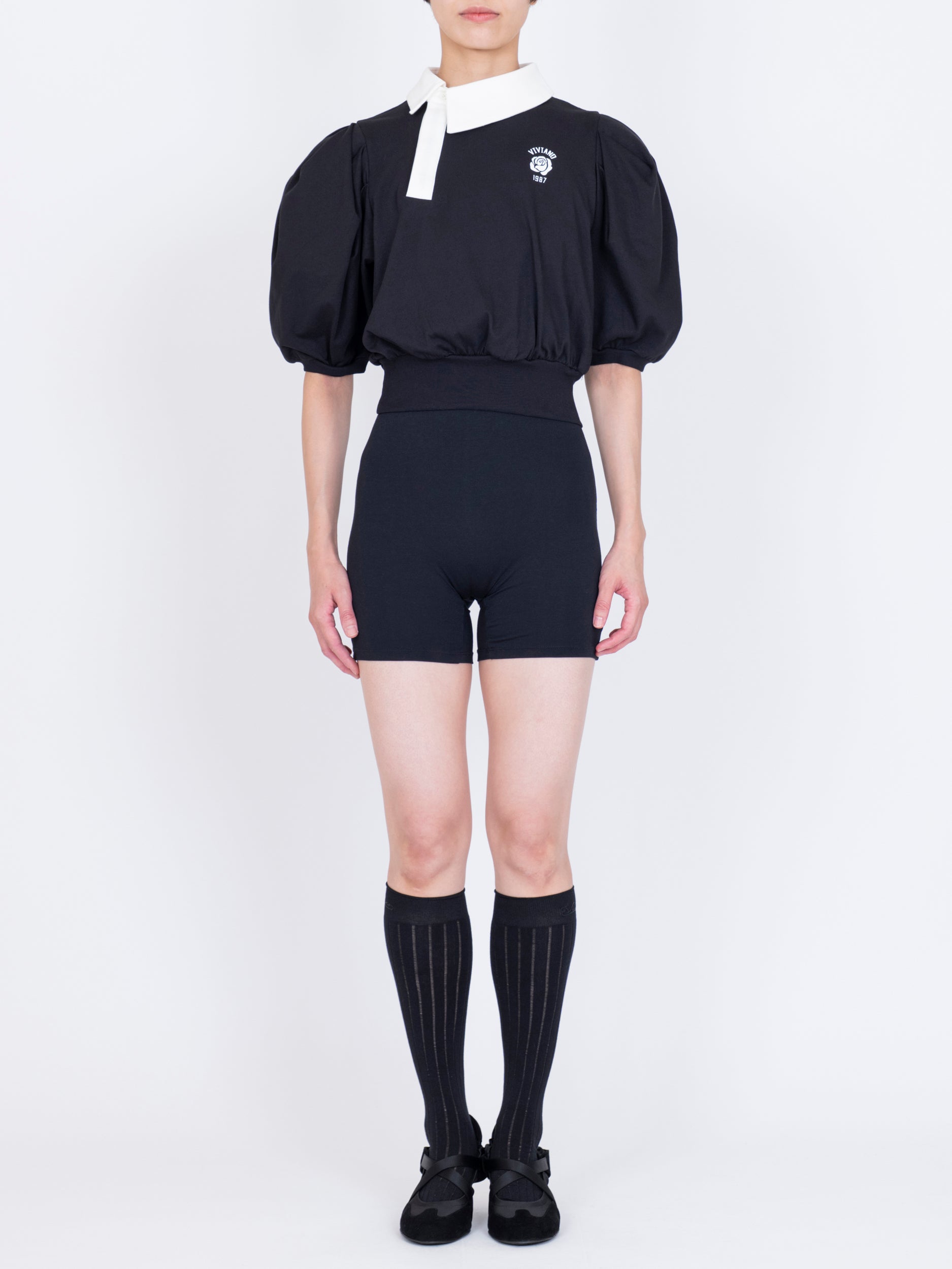 viviano チュール　トップス　黒ネイビー VIVIANO/ヴィヴィアーノ】Volume Tulle T-shirt（Tシャツ/カットソー