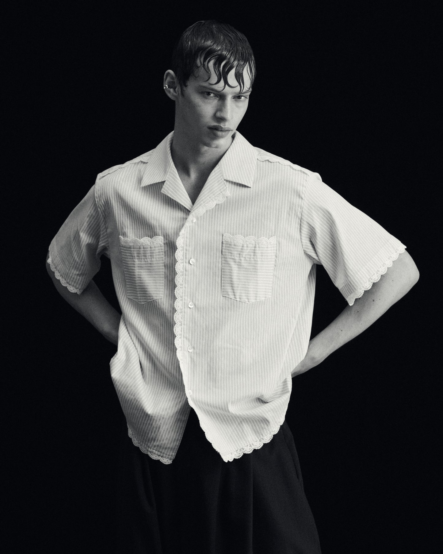 Lace Trimmed Open Collar S/S Shirt